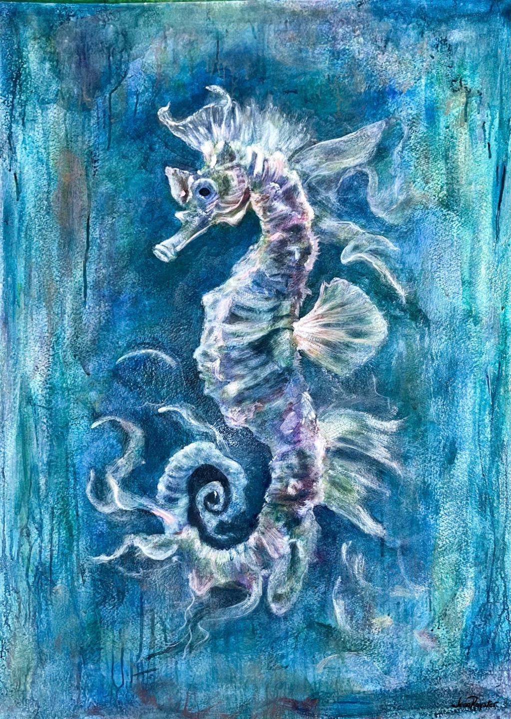 Seahorse underwater, 30x22, mixed media on Arches paper, expressive impressionist sea life painting by Jenn Royster