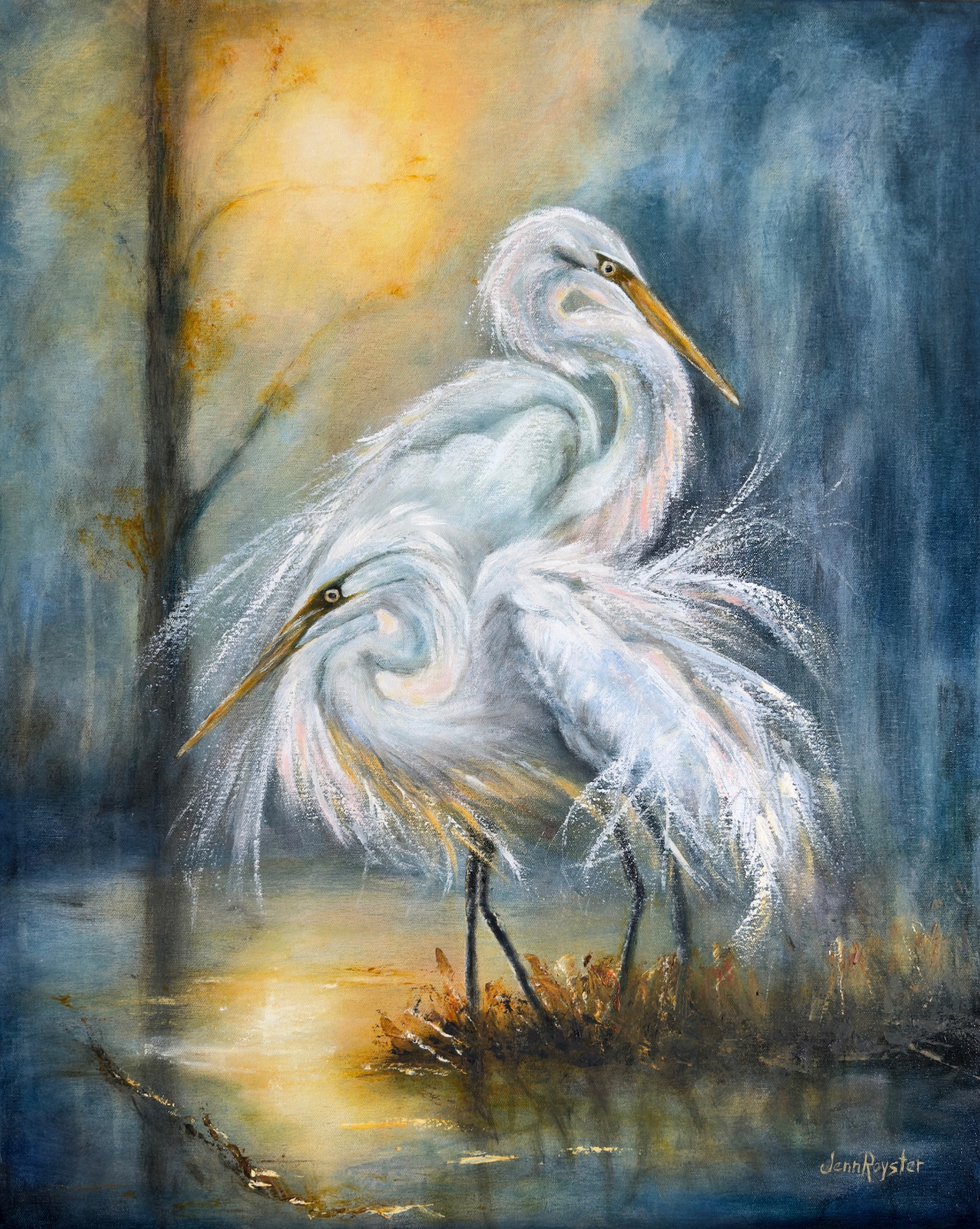 Original oil and cold wax painting of two white egrets at the water’s edge in golden sunset light by Jenn Royster