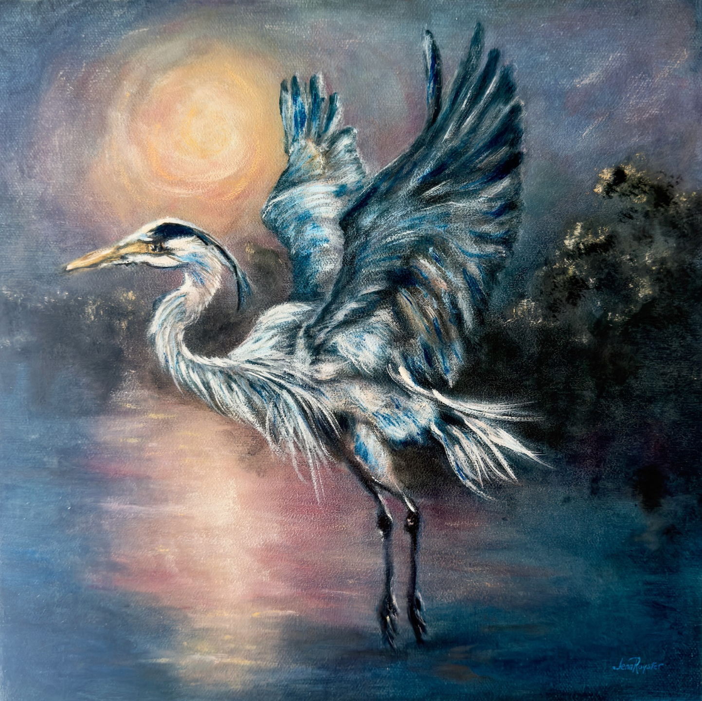 Blue heron in flight over water, 12x12, oil on canvas, expressive impressionist coastal wildlife painting by Jenn Royster