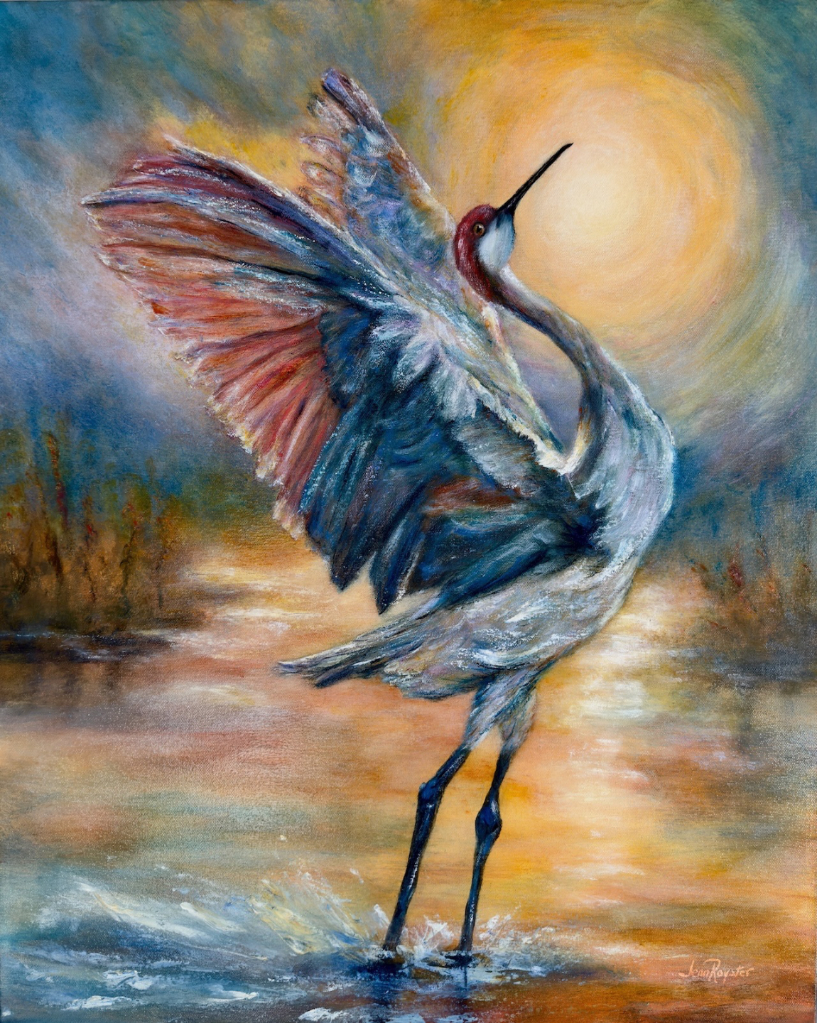 Echoes of a Sandhill's Sunrise Ballet, original oil and cold wax painting of a sandhill crane dancing at sunrise by Jenn Royster