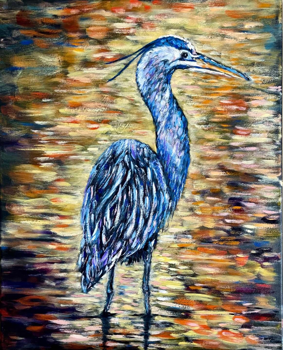 Heron in shallow water, 20x16, oil on canvas, expressive impressionist coastal wildlife painting by Jenn Royster