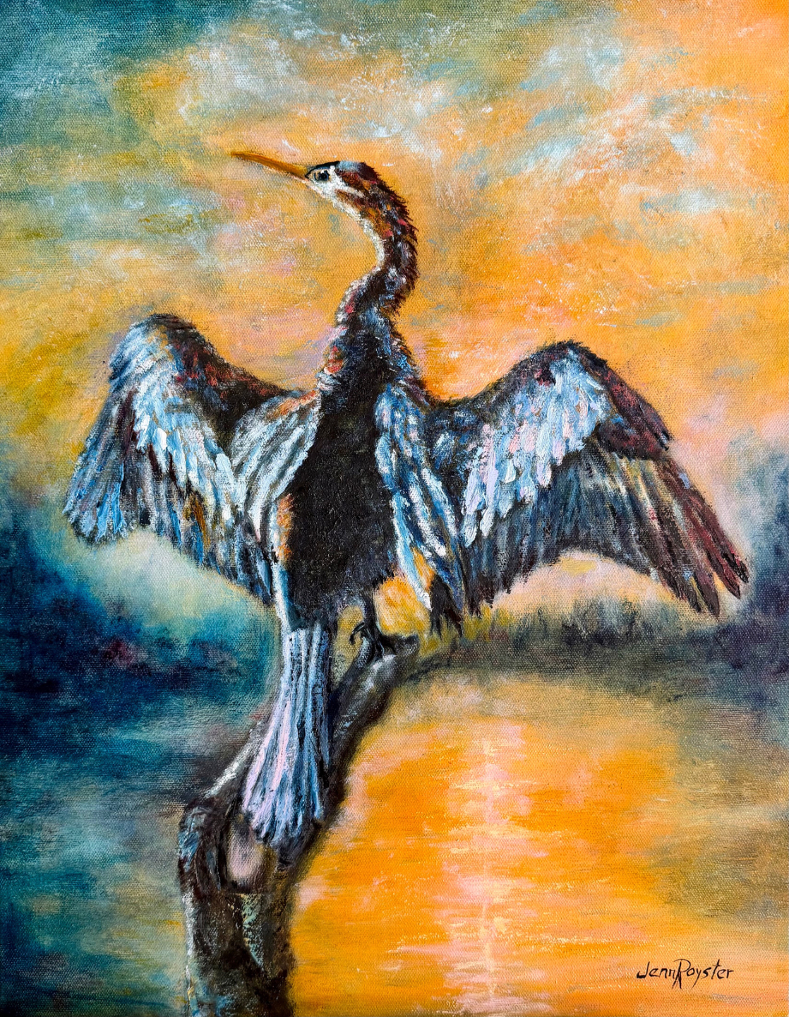 Original oil painting of an anhinga with wings fully spread, drying its feathers against an orange and yellow sunset sky over water, by Florida artist Jenn Royster