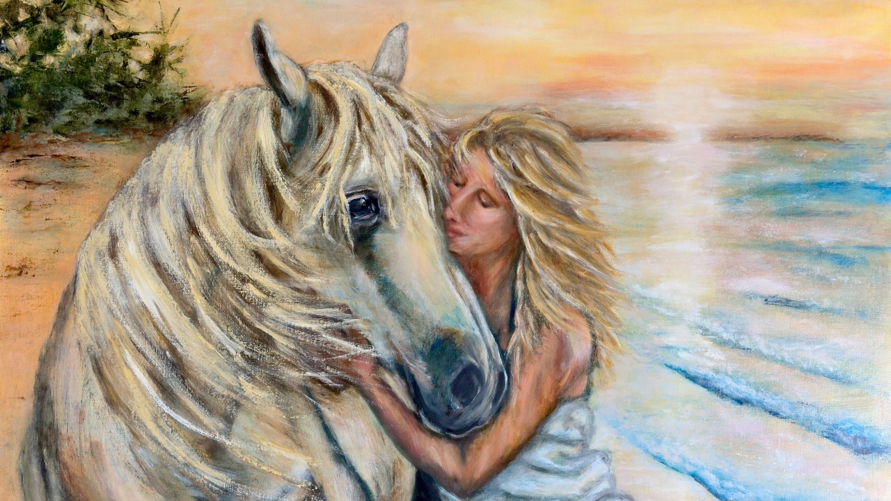 Original oil painting of a woman embracing a white horse on a sunset beach, by artist Jenn Royster