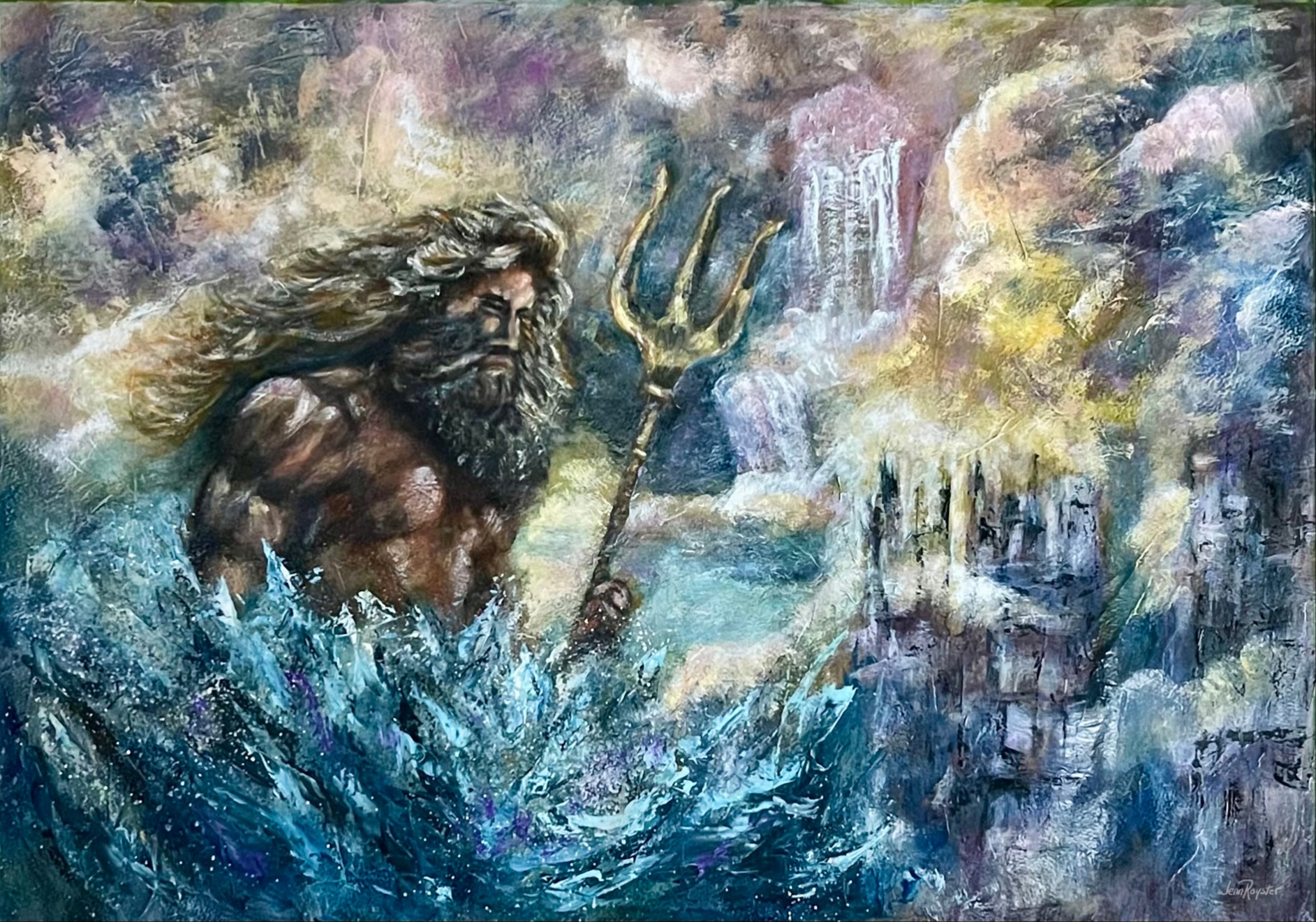 Mythological figure with trident ocean scene, 22x30, mixed media, expressive impressionist figure painting by Jenn Royster