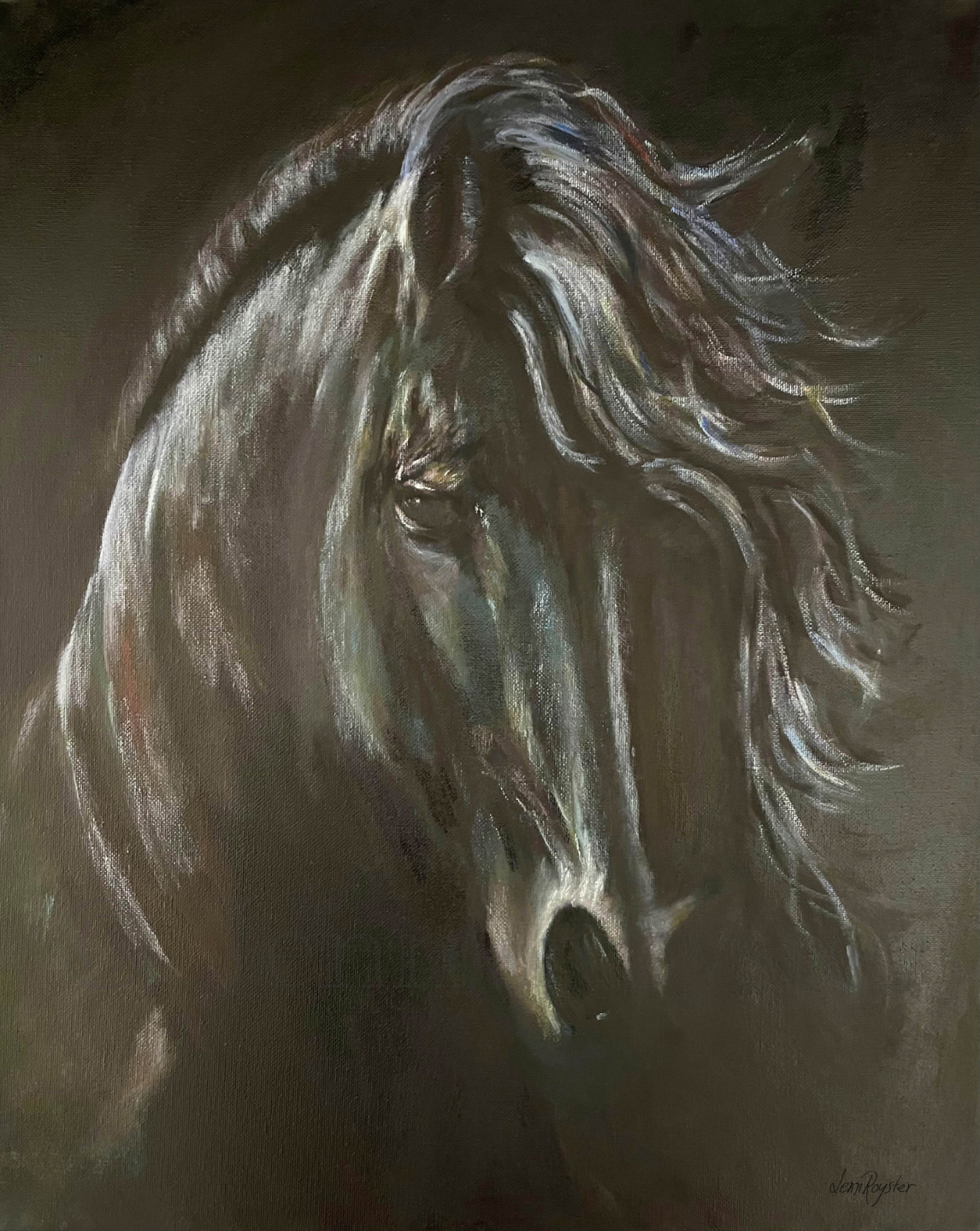 Black horse portrait, 20x16, oil on canvas, expressive impressionist equine painting by Jenn Royster