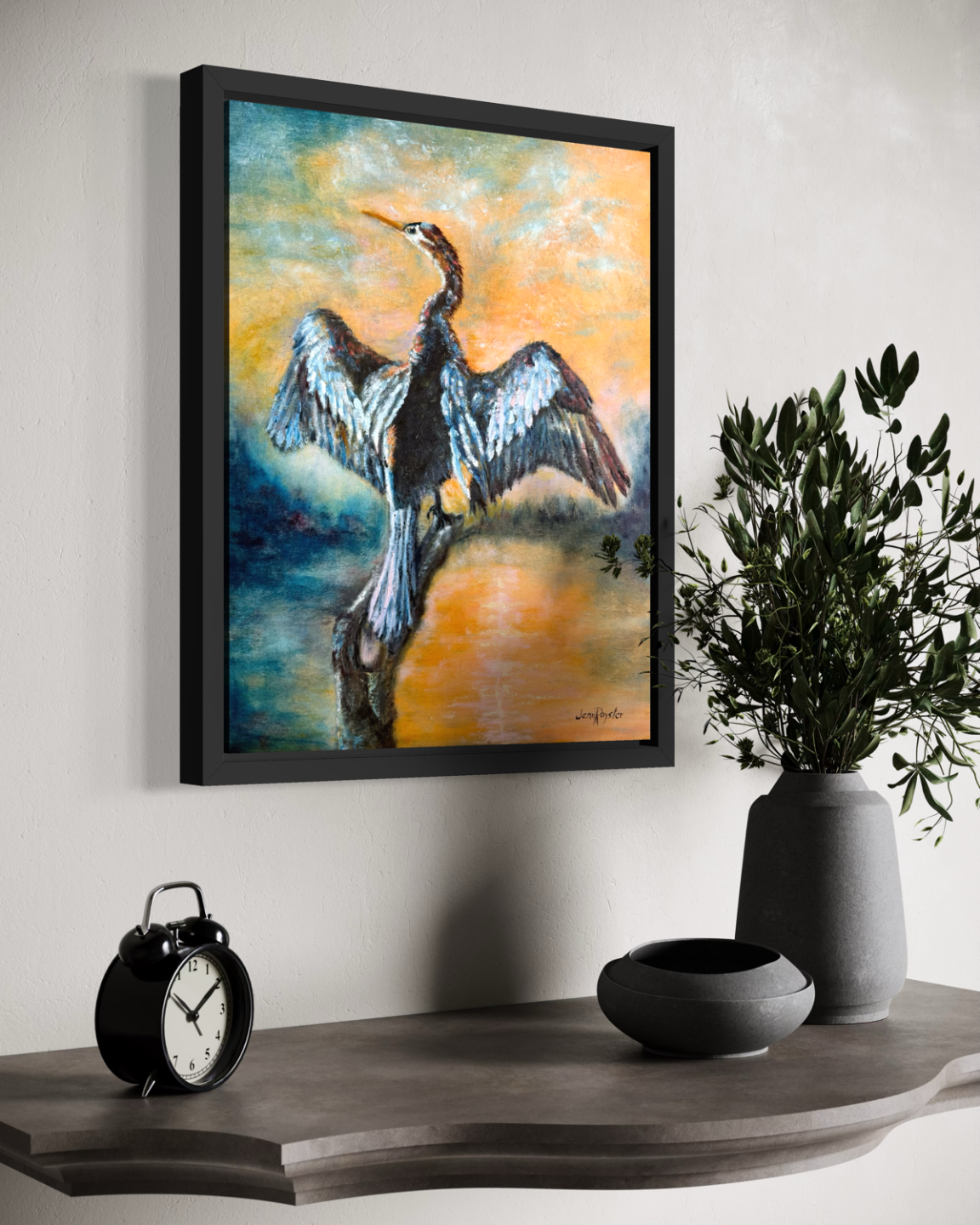 Original oil painting of an anhinga with wings fully spread, drying its feathers against an orange and yellow sunset sky over water, by Florida artist Jenn Royster