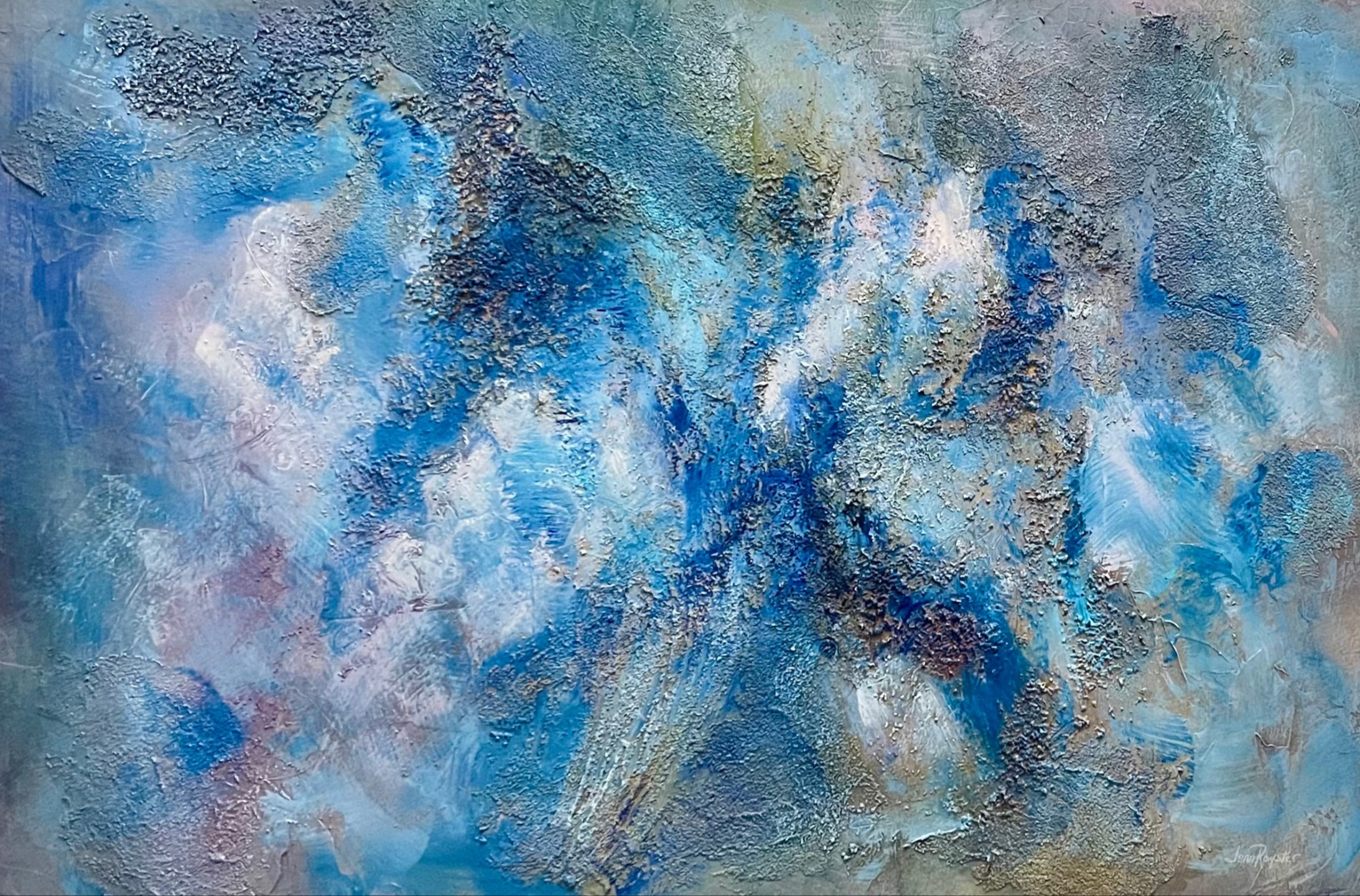 Abstract ocean movement in blues, 30x22, mixed media on Fabriano paper, expressive abstract painting by Jenn Royster