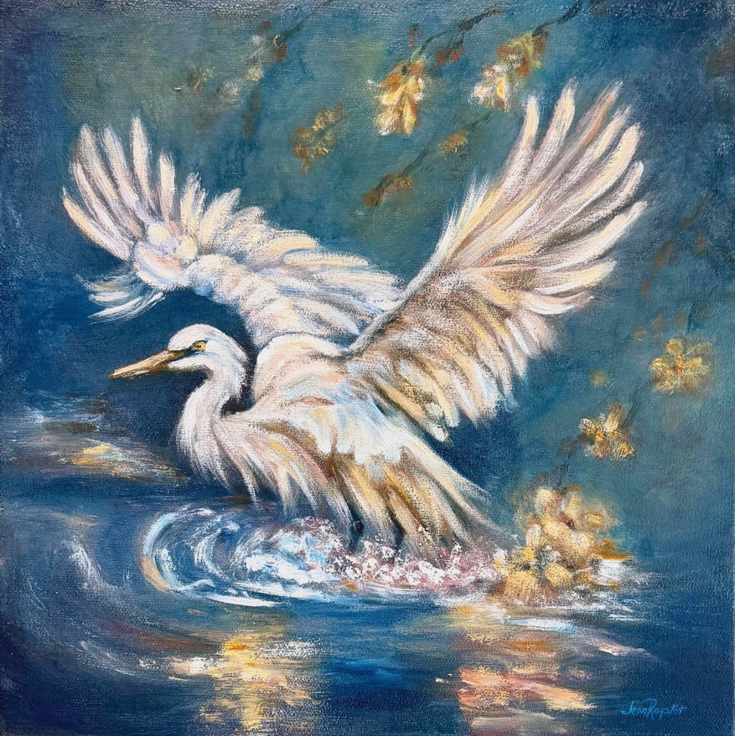 Great white egret in flight over water, 12x12, oil with cold wax on canvas, expressive impressionist coastal wildlife painting by Jenn Royster
