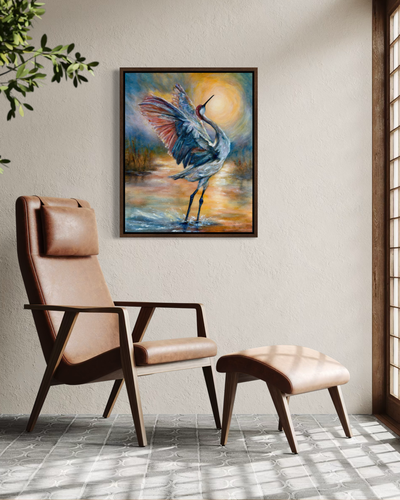 Echoes of a Sandhill's Sunrise Ballet wall view b, original oil and cold wax painting of a sandhill crane dancing at sunrise by Jenn Royster