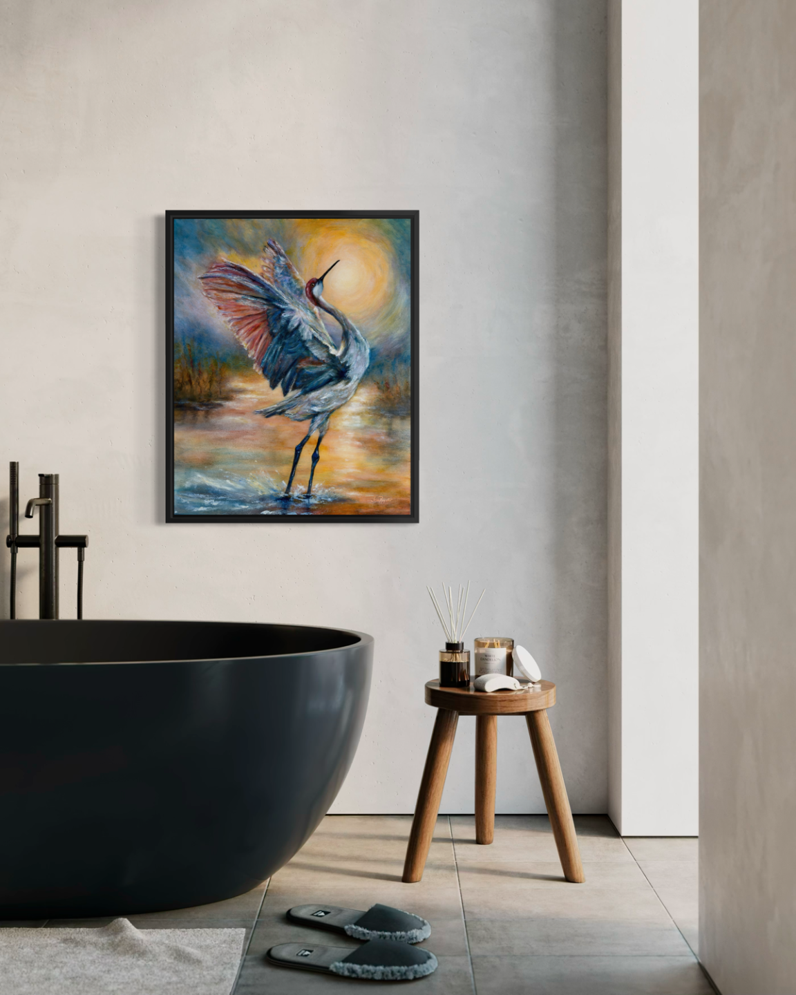 Echoes of a Sandhill's Sunrise Ballet wall view, original oil and cold wax painting of a sandhill crane dancing at sunrise by Jenn Royster