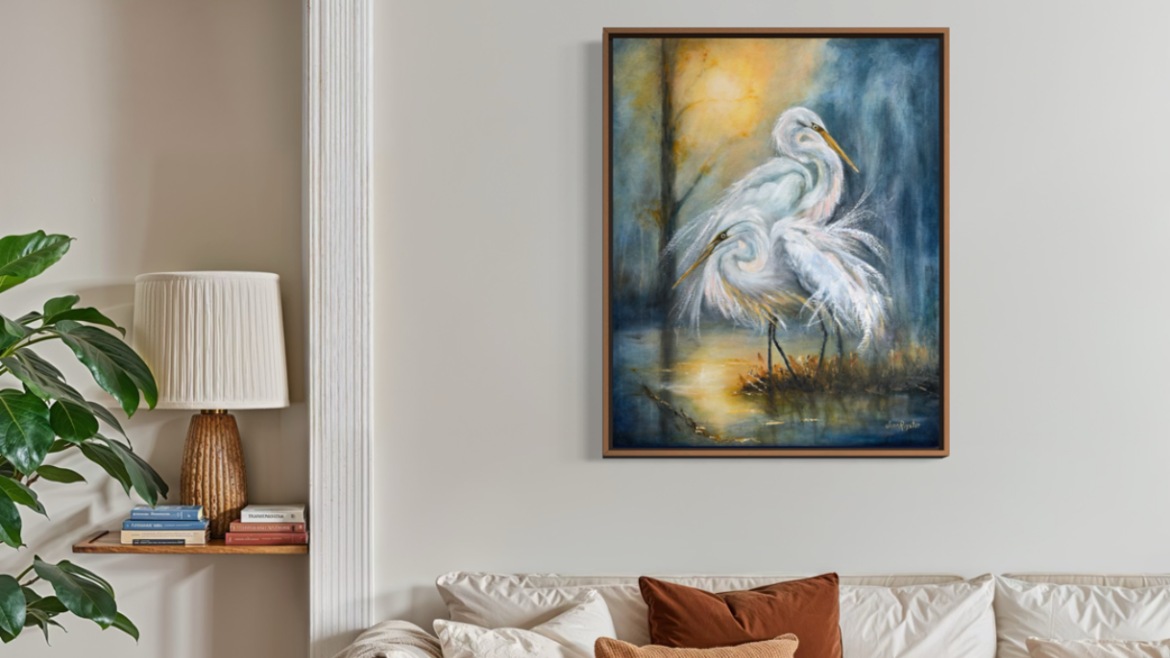 Original oil and cold wax painting of two white egrets at the water's edge in golden sunset light by Jenn Royster