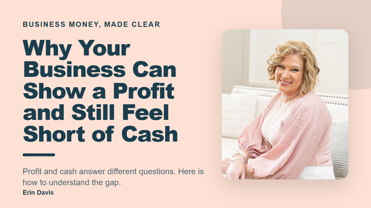 Erin Davis beside the title Why Your Business Can Show a Profit and Still Feel Short of Cash.