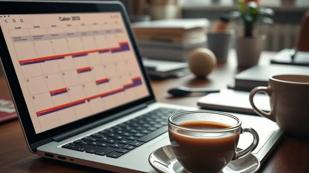 An organized home office workspace with a laptop, planner, calendar, and coffee, representing a virtual assistant planning a productive and balanced workweek.