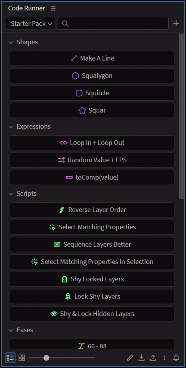 The Code Runner 2 panel in list and grid views inside After Effects