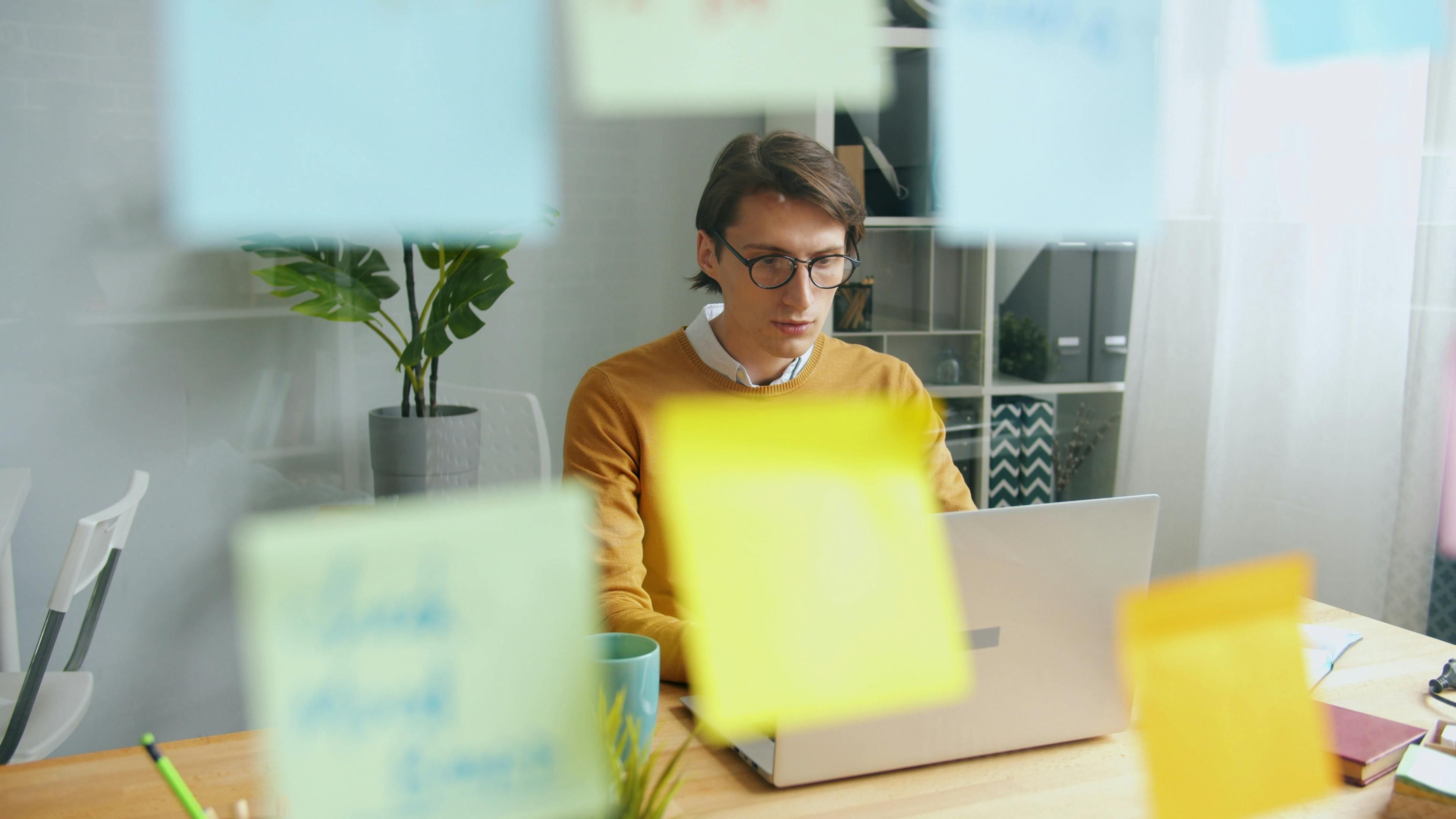 Creative project manager reviewing course materials on a laptop at a desk in a modern agency office