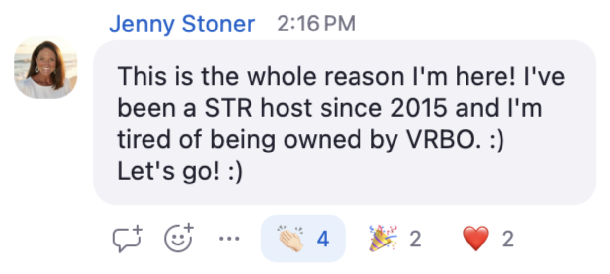 Jenny in the live chat: I've been a STR host since 2015 and I'm tired of being owned by VRBO. Let's go!