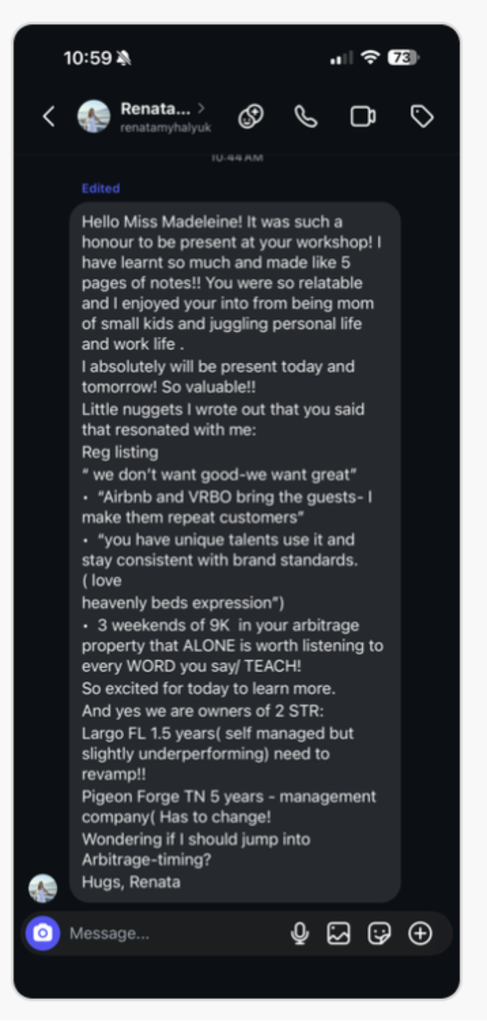 Renata's direct message thanking Madeleine for the workshop and listing what resonated with her