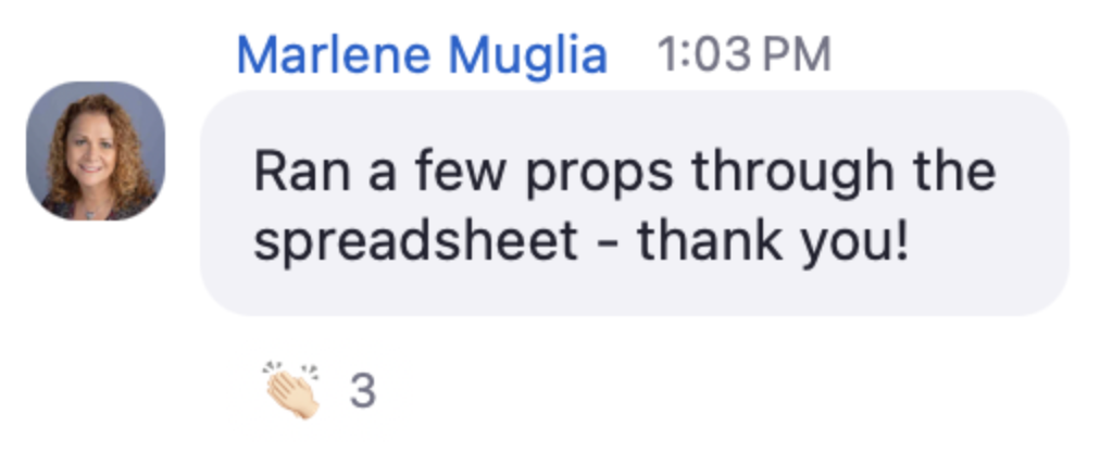 Marlene in the live chat: Ran a few props through the spreadsheet - thank you!