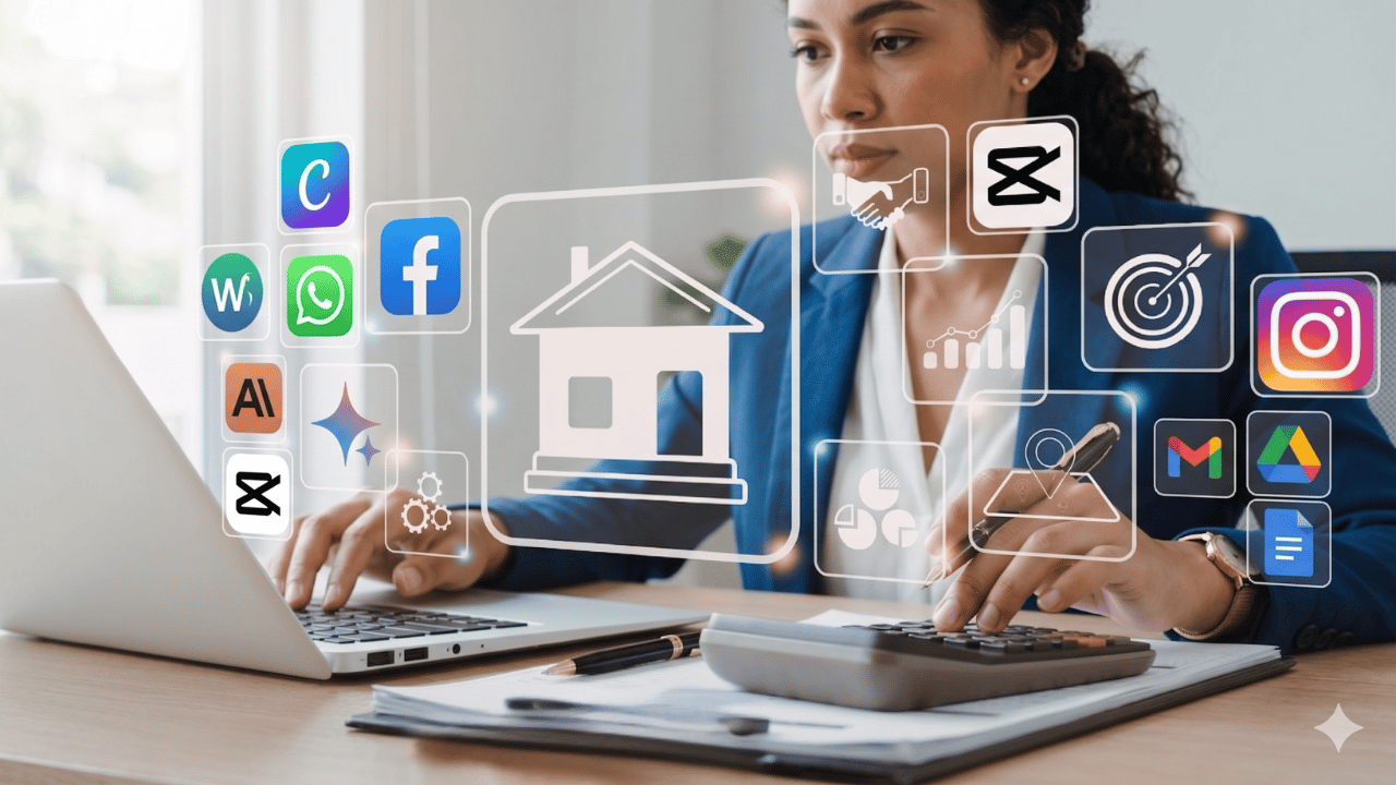 Woman working at laptop surrounded by digital app icons including Google, Canva, WhatsApp, Facebook and Instagram for real estate business systems