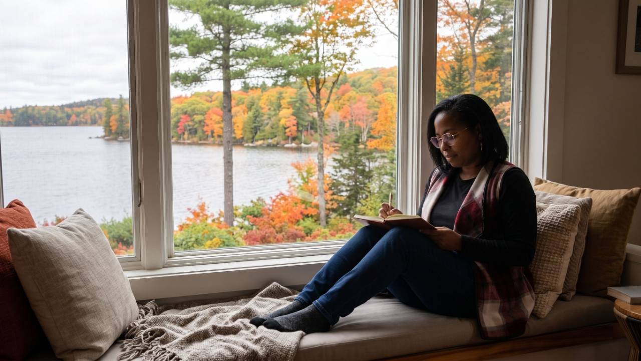Woman journaling by a window with a beautiful fall foliage view, reflecting on business goals during Q4 planning season