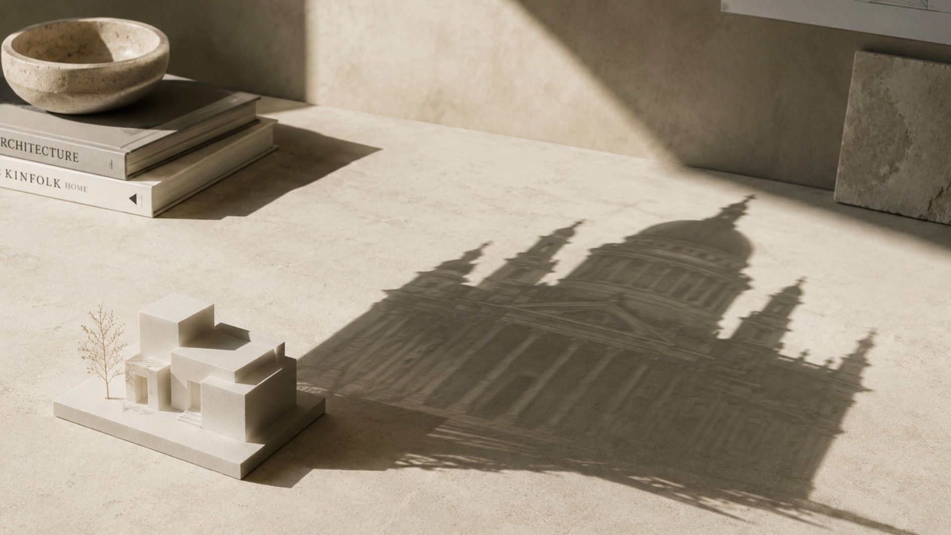 a small, simple architectural model casts the shadow of a grand building