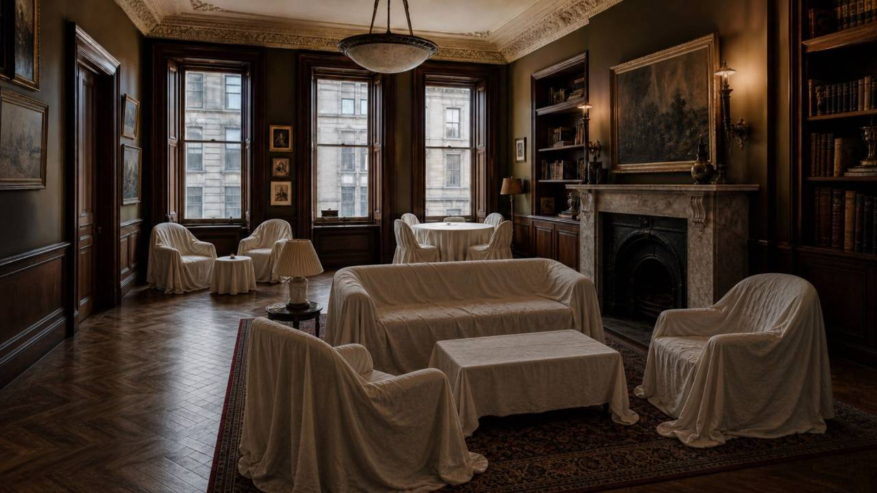 A beautiful room with furniture draped in dust sheets