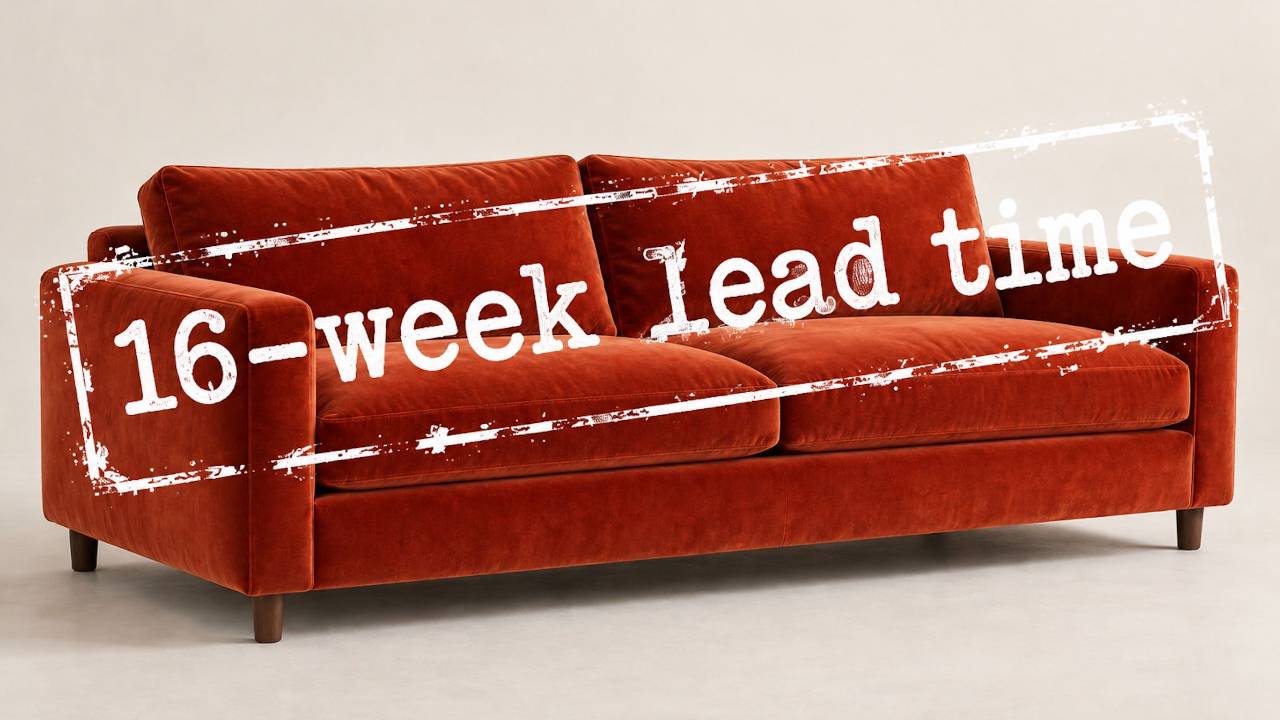 A sofa stamped "16 week lead time"