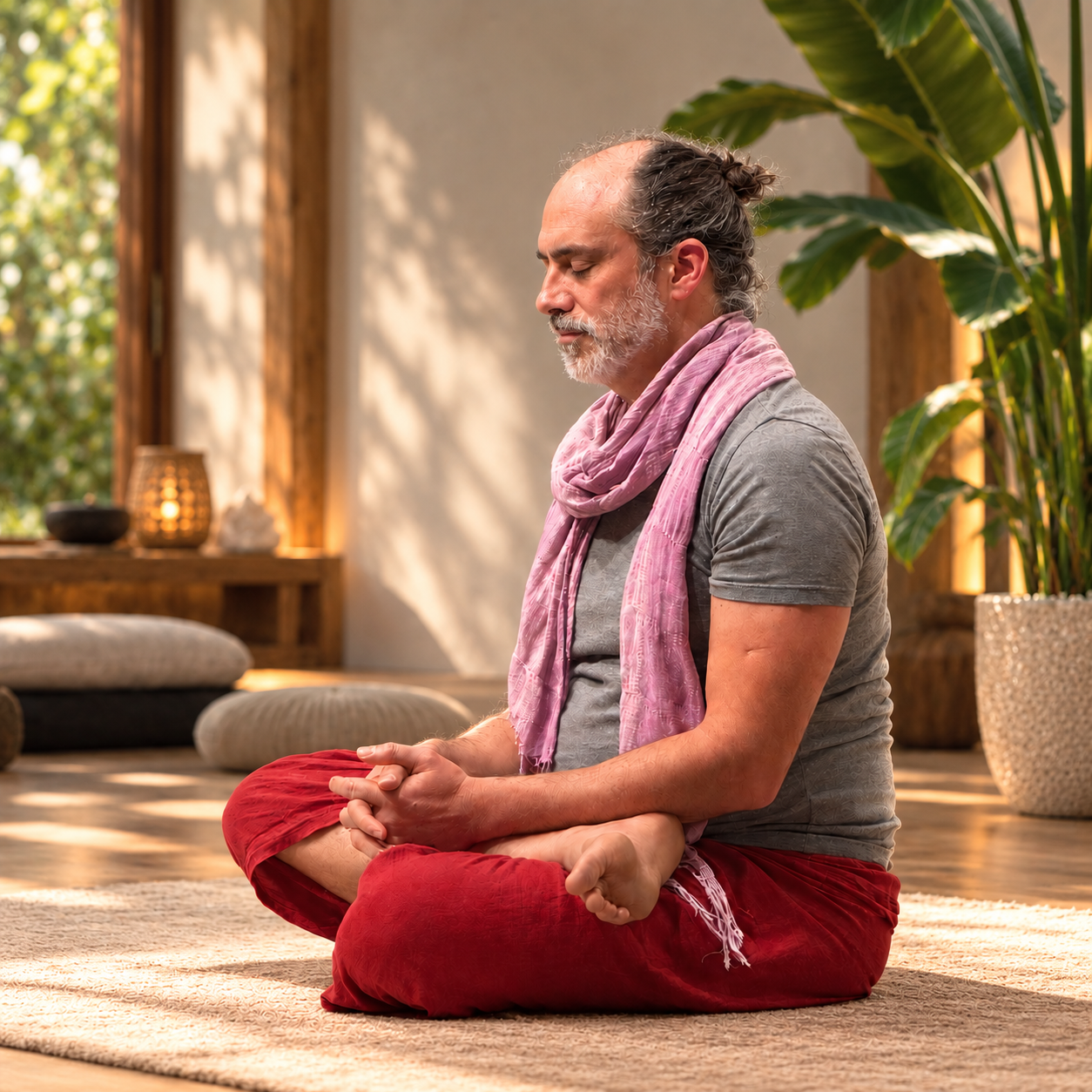 Méditation sereine dans un studio ensoleillé