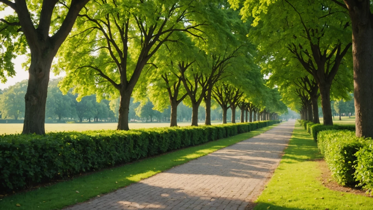 A quiet walking path surrounded by lush greenery.