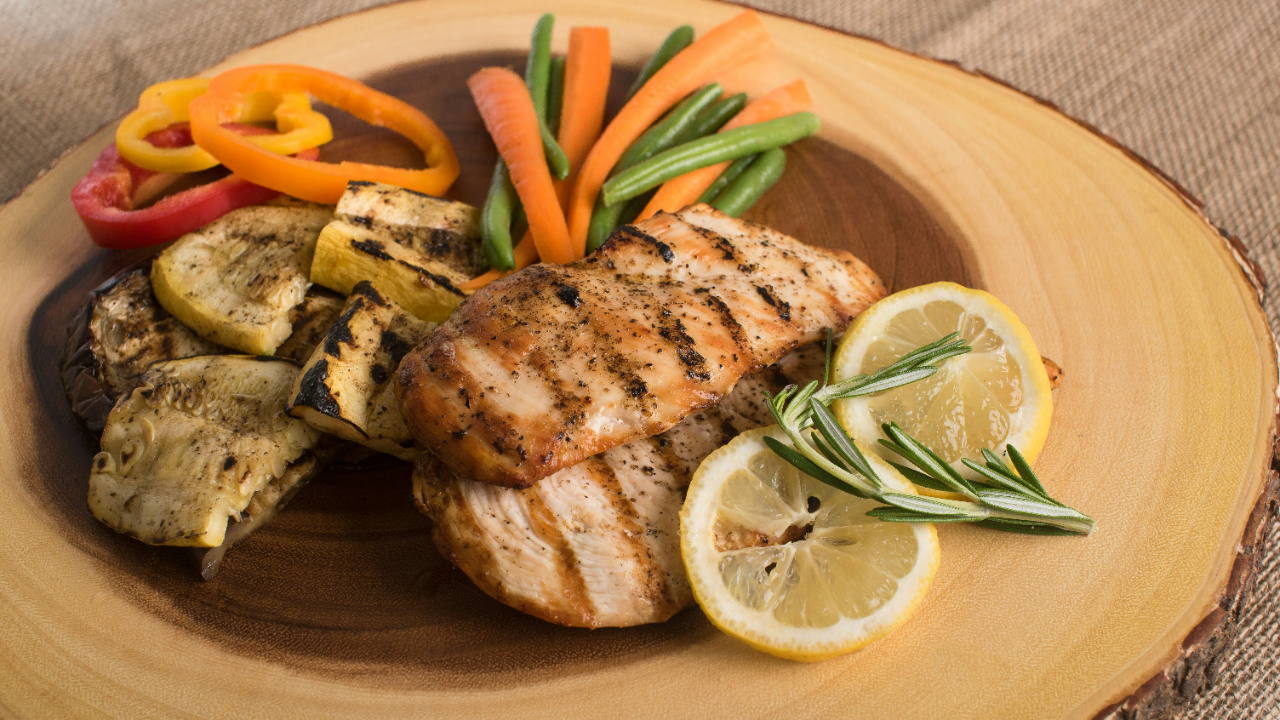 chicken veggies plate of food