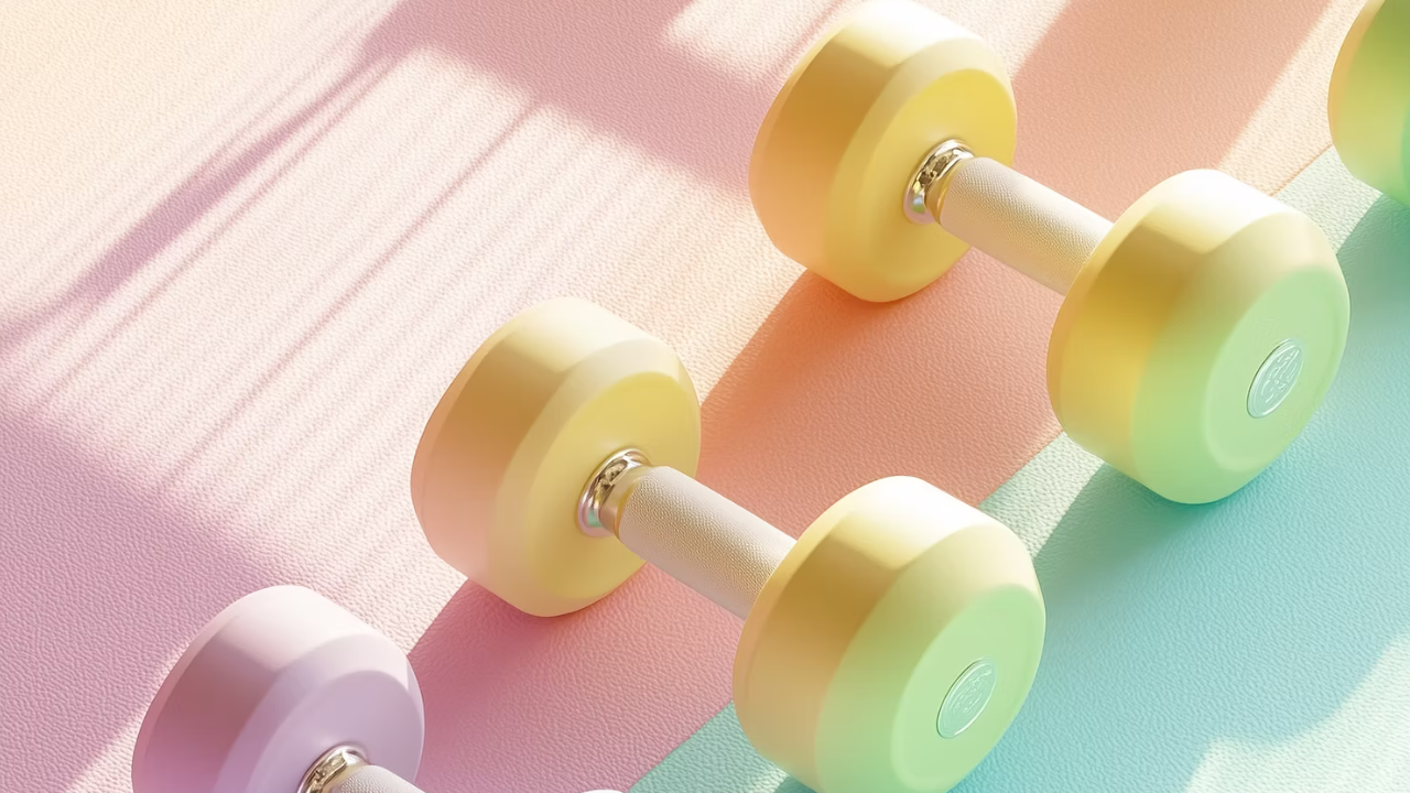 Pastel-colored dumbbells on a pink and teal mat under soft sunlight. The scene feels bright and playful, featuring a few shadows.