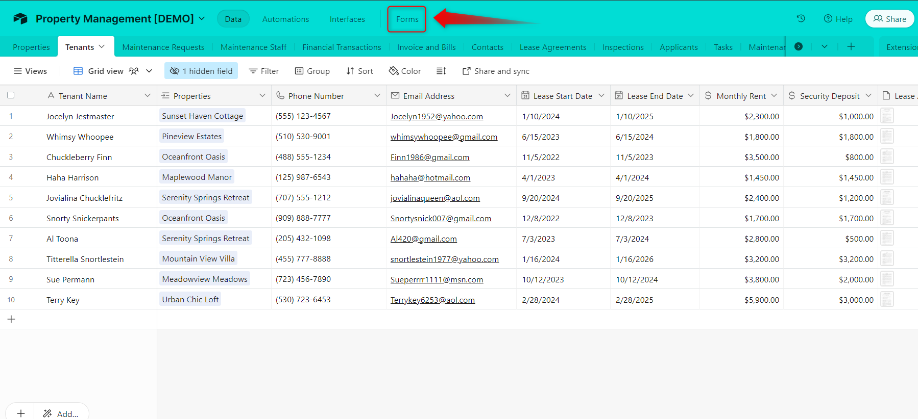 Screenshot of Airtable data view with red arrow pointing to the Forms tab on the top of the screen.