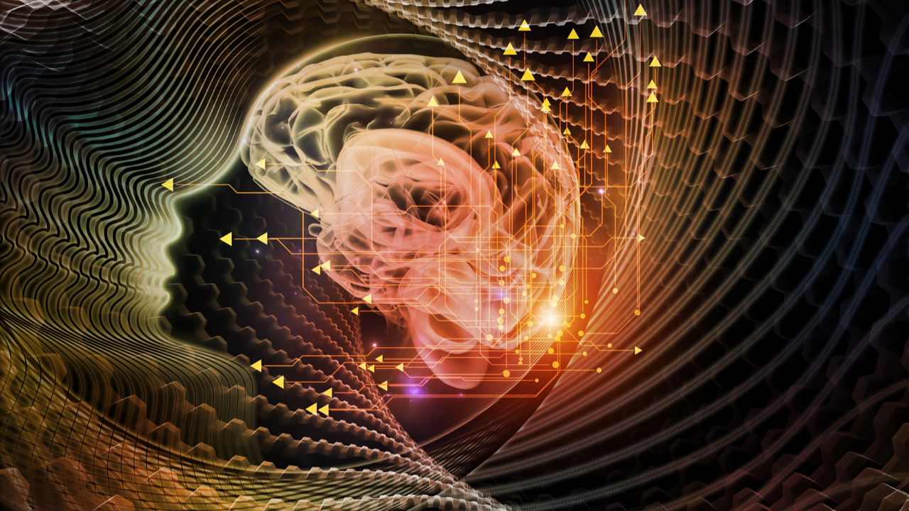 Abstract human profile with a glowing brain surrounded by flowing geometric patterns, symbolizing holding uncertainty with curiosity while allowing understanding to develop over time.