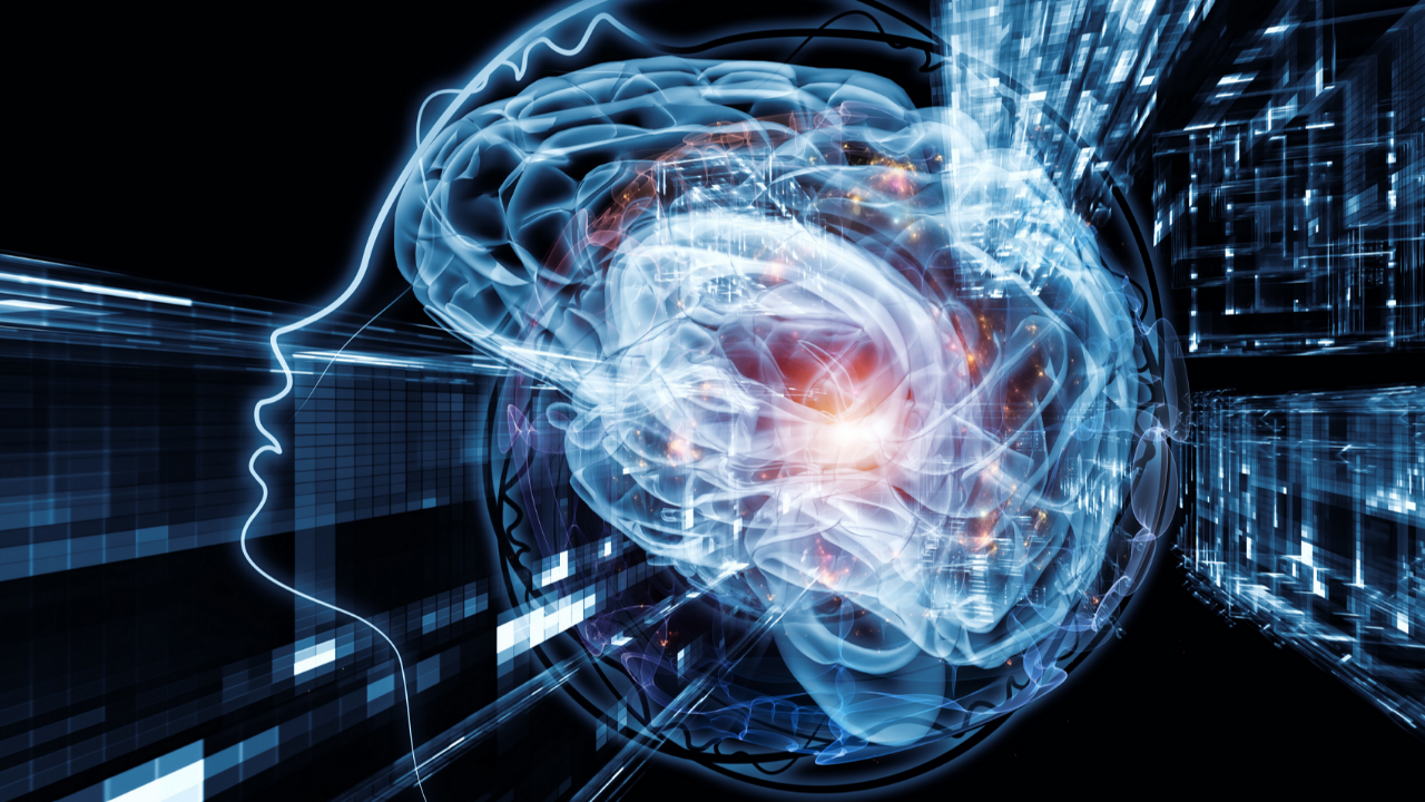 Abstract human profile with a glowing interconnected brain, symbolizing observing thoughts, organizing mental patterns, and developing discernment rather than reacting automatically.