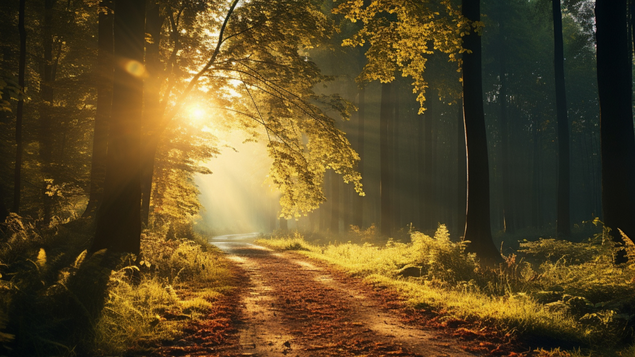 Sunlight illuminating a winding forest path that disappears around a bend, representing King Map, orientation, uncertainty, and taking the next faithful step.