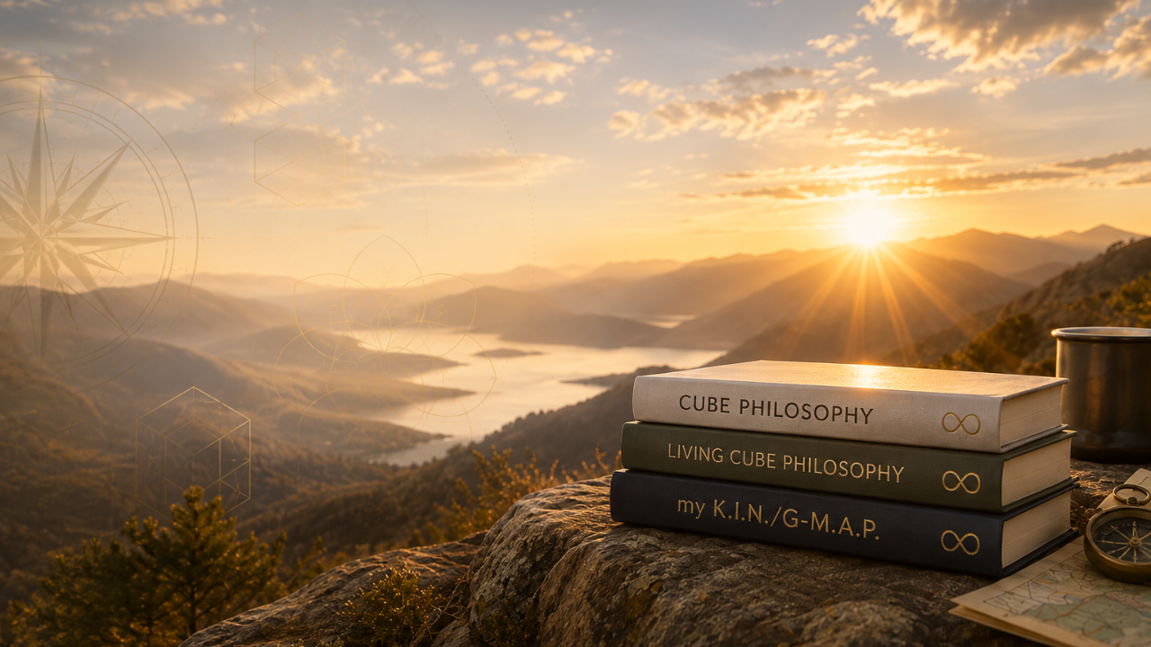 Three books representing Cube Philosophy, Living Cube Philosophy, and my K.I.N./G-M.A.P. overlooking a mountain landscape at sunrise.