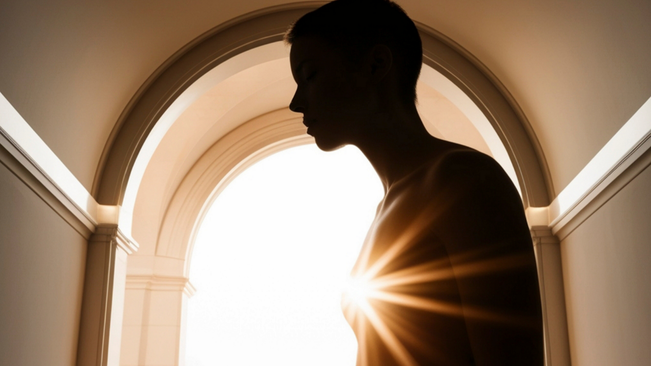 Silhouette of a person standing before a sunlit archway with light shining through the body, representing embodiment, perception, and understanding reality in Cube Philosophy.