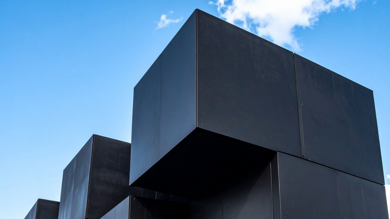 Large interconnected black cube forms rising against a bright blue sky, representing the Cube as a house, compass, map, tent, and inner room within Jacob Goettsche's my K.I.N./G-M.A.P.
