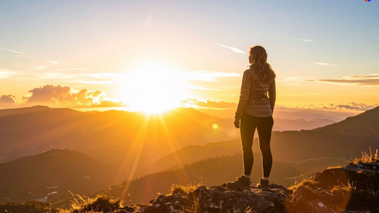 A person stands on a mountain overlooking the rising sun, symbolizing orientation, finding one's bearings, and beginning the journey home to greater clarity, perspective, and inner stability. Inspired by the Compass Journey Home article from Cube Philosophy.