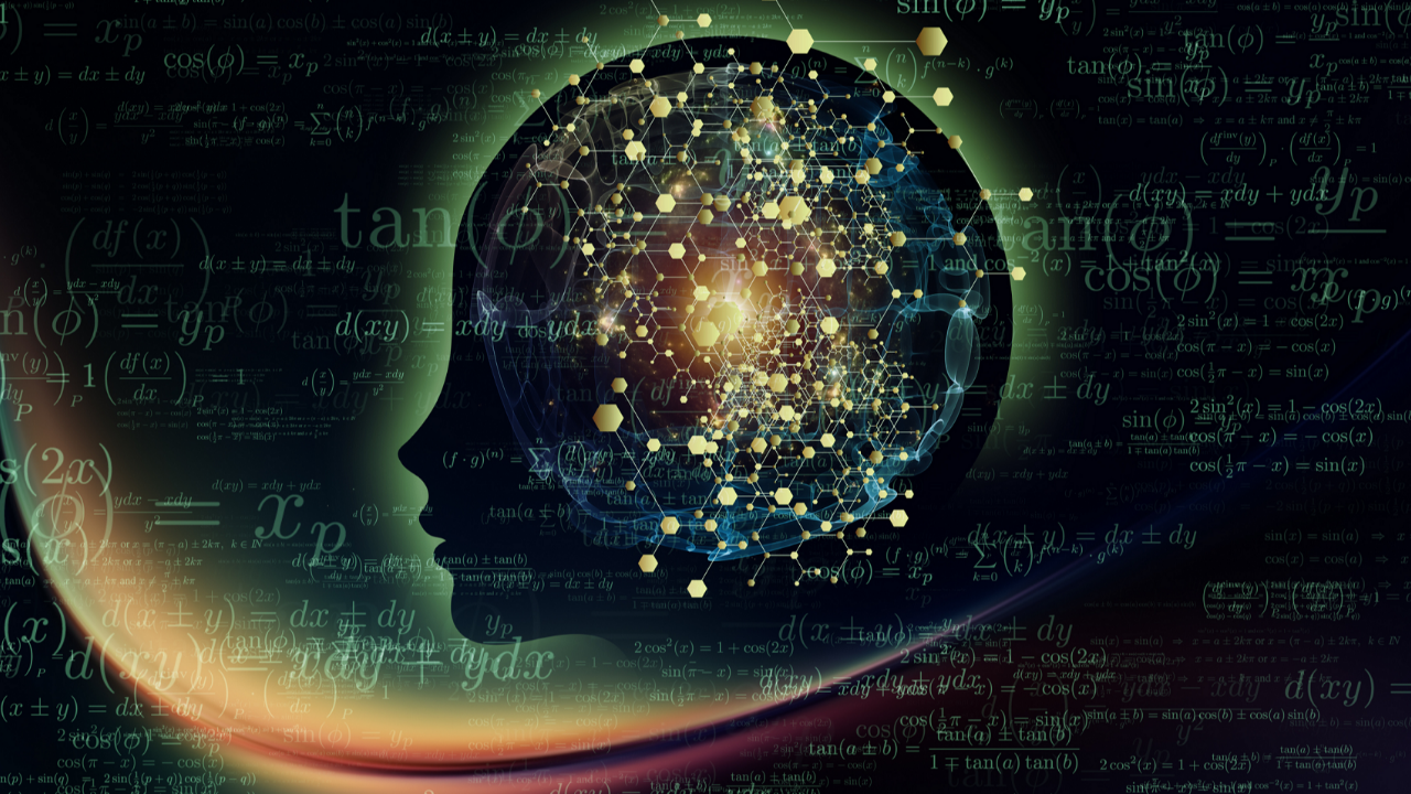 Abstract human profile surrounded by mathematical formulas and interconnected patterns, symbolizing thoughtful reflection, mental clarity, and organized thinking through slowing down.