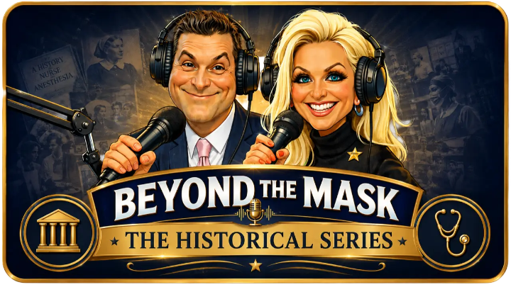 An illustration of Jeremy Stanley and Sharon Pearce above the podcast learning series title "Beyond the Mask The Historical Series"