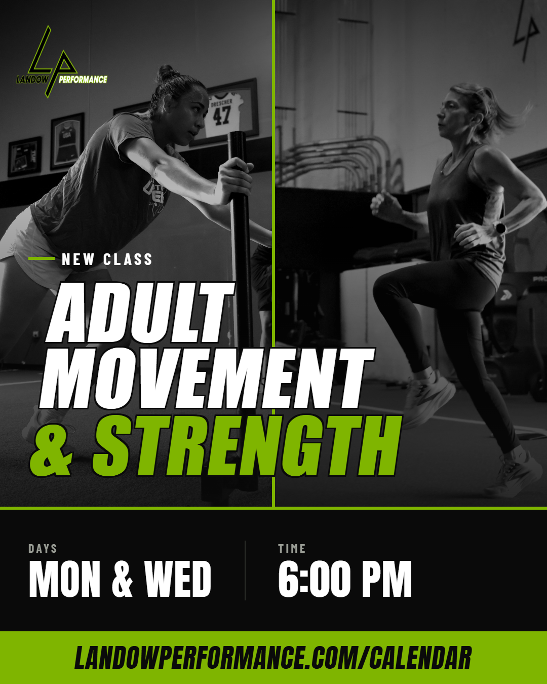 Adult Movement & Strength at Landow Performance. Mondays and Wednesdays at 6:00 PM.