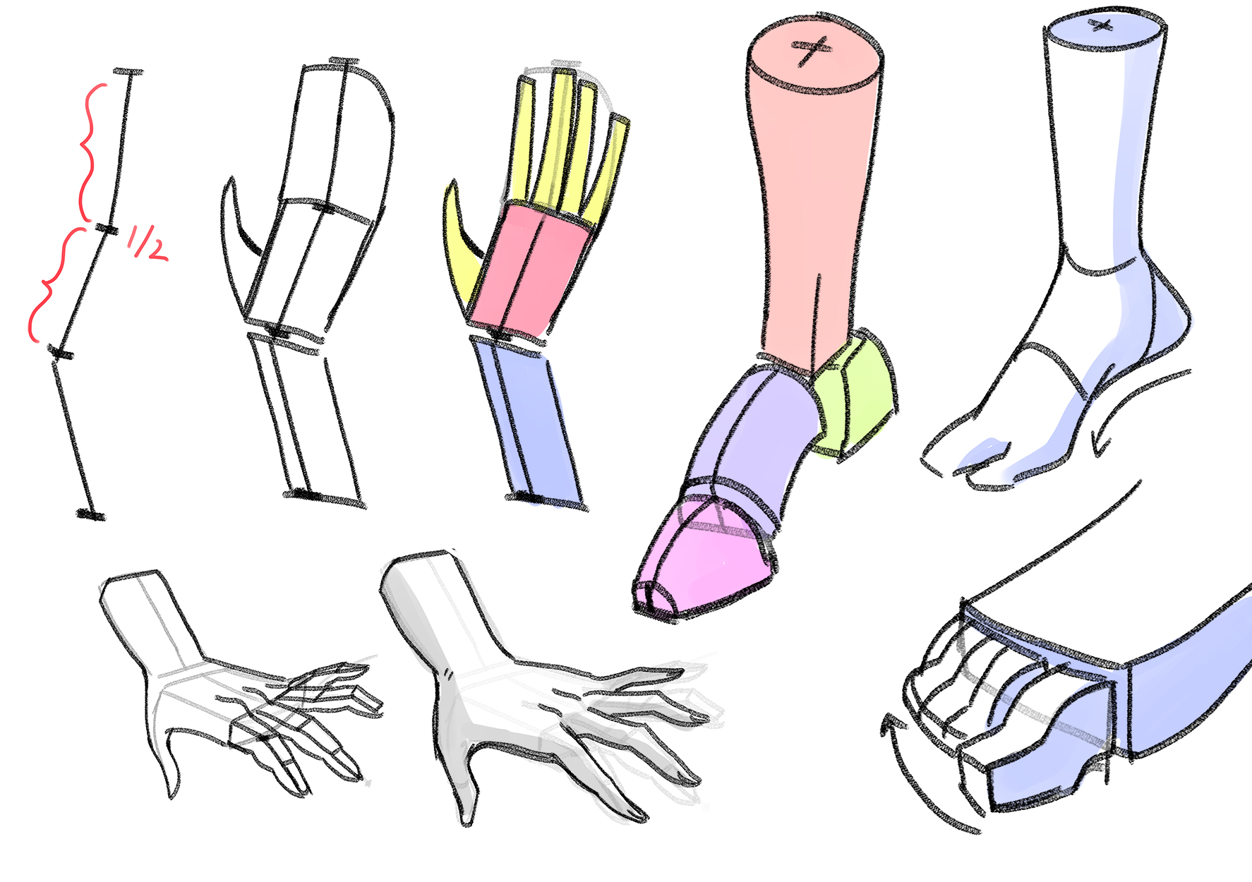 Simple hand and foot drawing examples