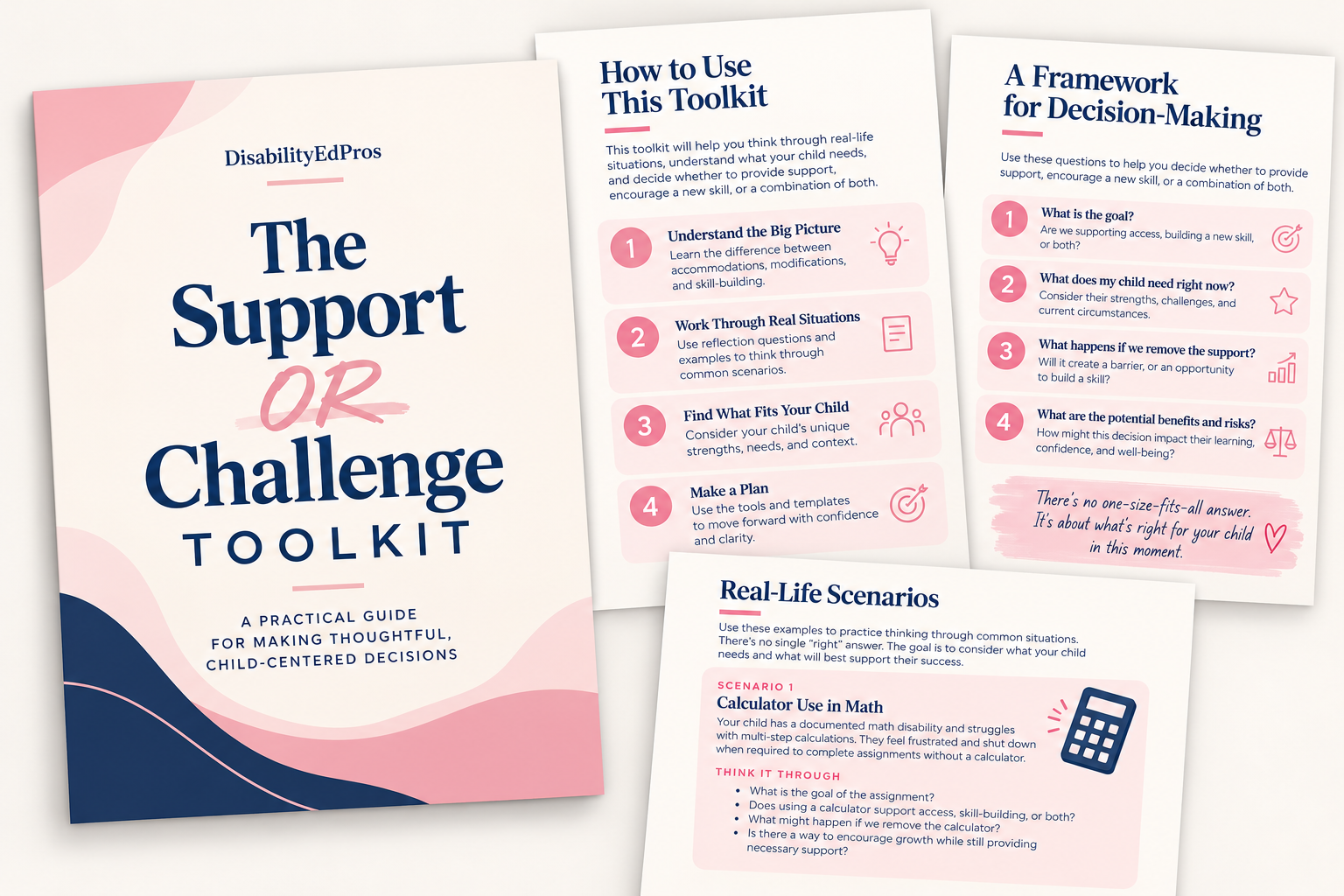 The Support OR Challenge Toolkit: the cover and sample pages including How to Use This Toolkit, A Framework for Decision-Making, and Real-Life Scenarios