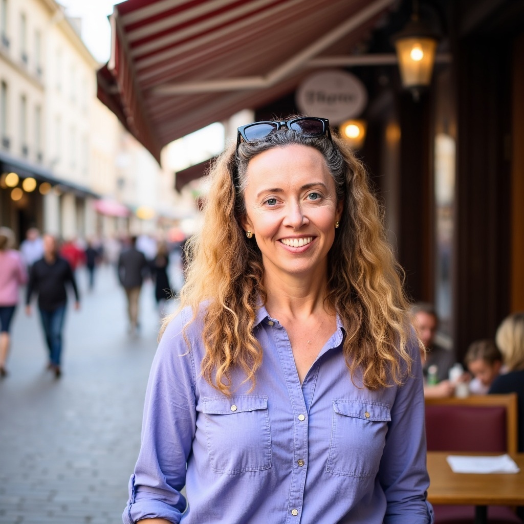 Dr. Diana Fannon, smiling, in a lavender shirt outside a café
