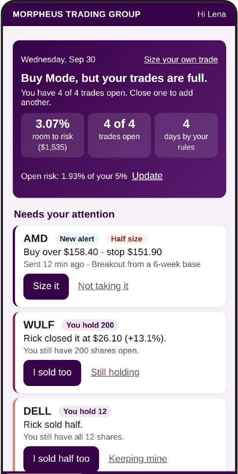 Wagner Daily app Today screen, sample data: Buy Mode, room left to risk, and a new half-size alert