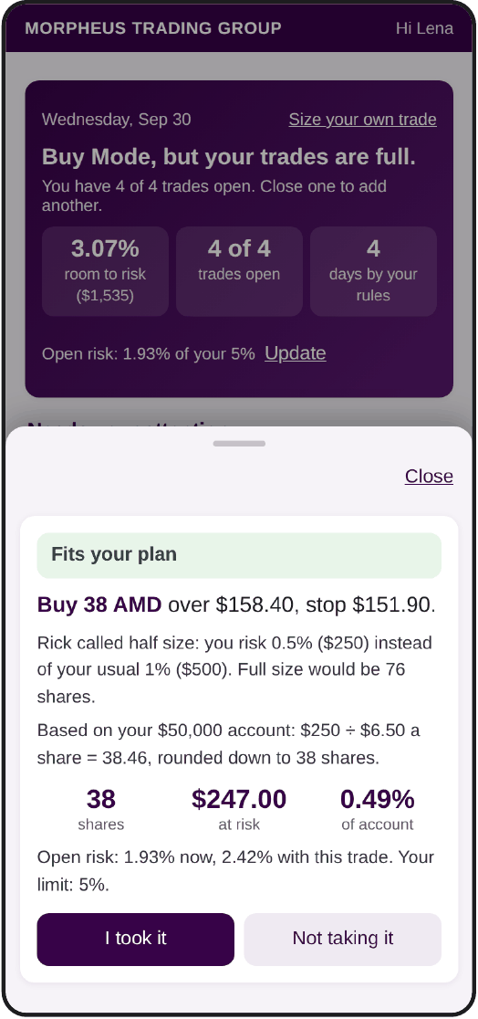 Member app screen: Rick's half-size AMD alert worked out to 38 shares on a $50,000 account, with the math shown