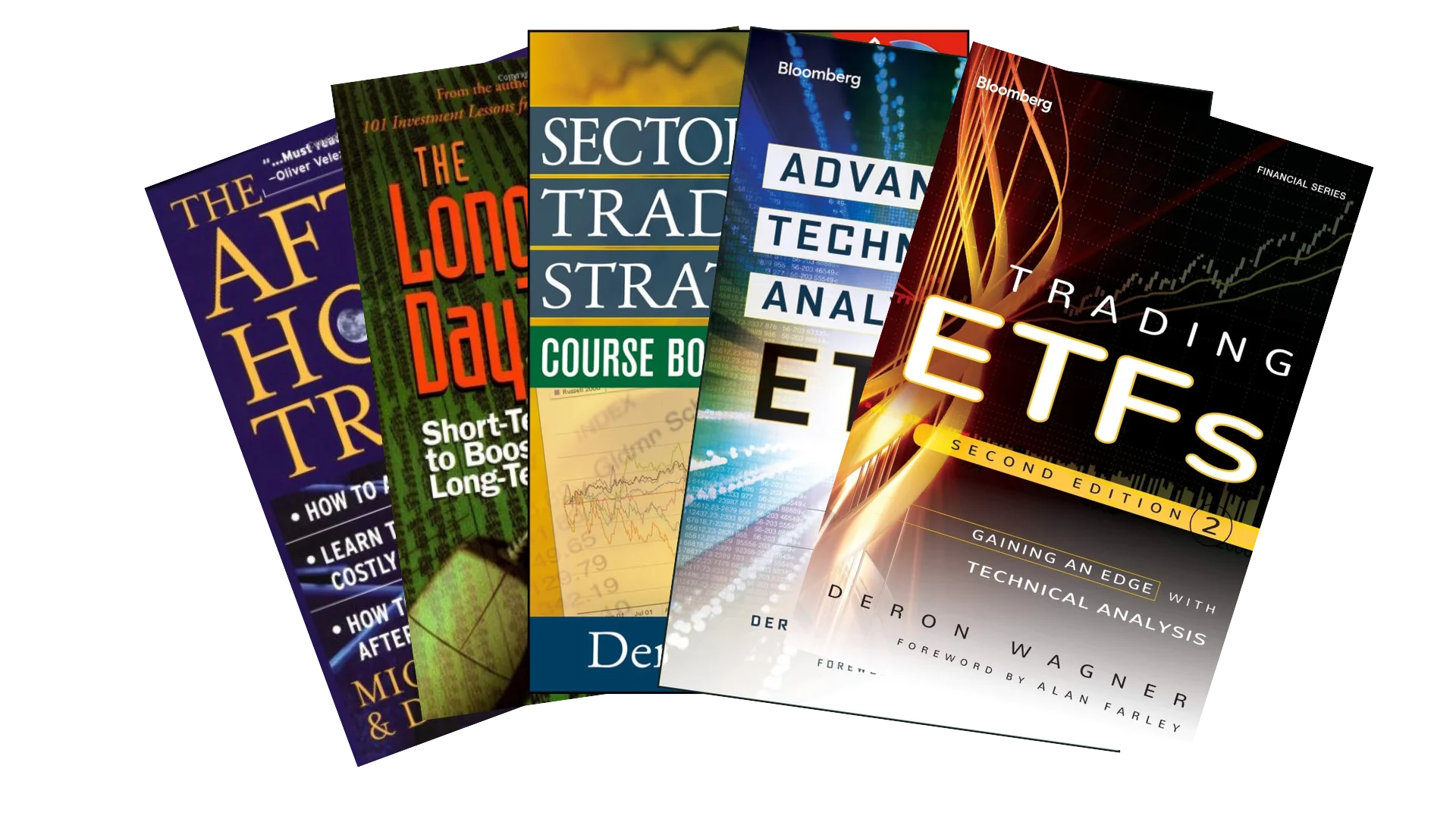 Five trading books written or co-written by Deron Wagner, including Trading ETFs and Advanced Technical Analysis of ETFs