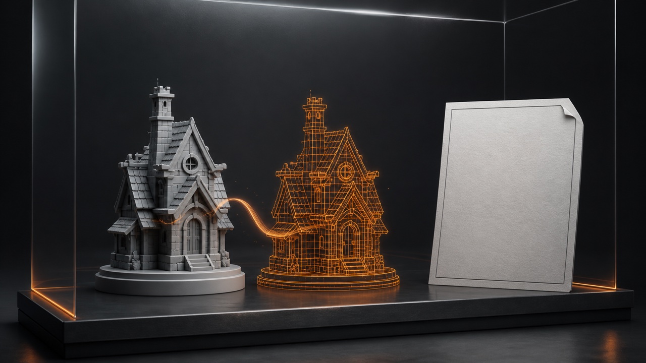 Miniatura original, malla digital y licencia representadas de forma conceptual.