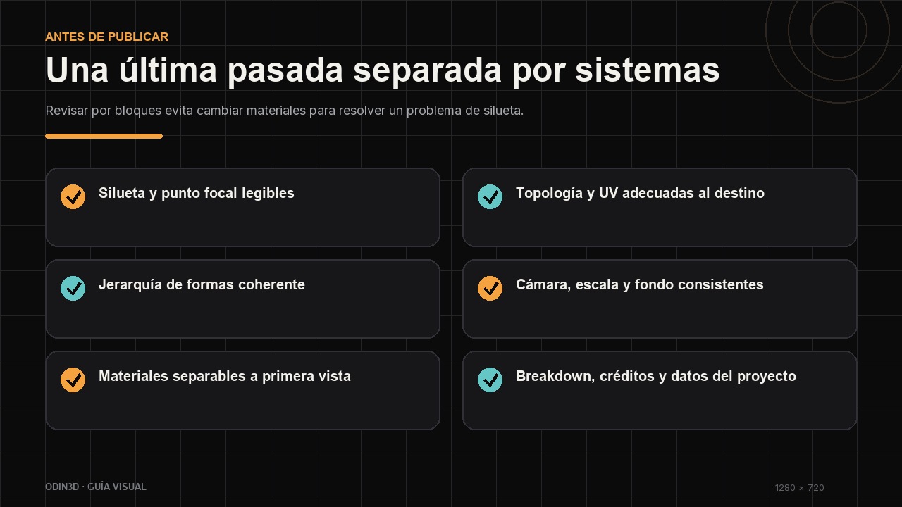 Checklist visual antes de publicar una pieza 3D estilizada.